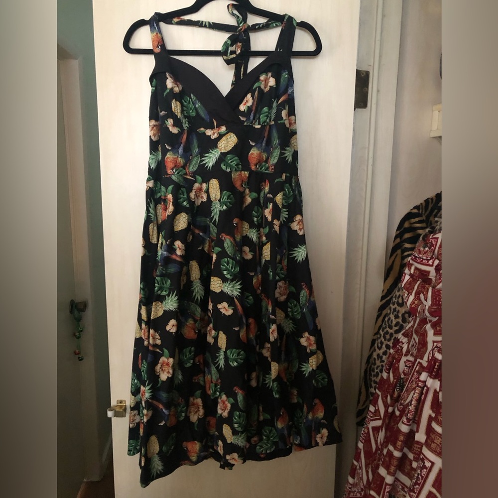 Hell Bunny Black Tropical Parrot Halter Circle Dress XL - AS IS